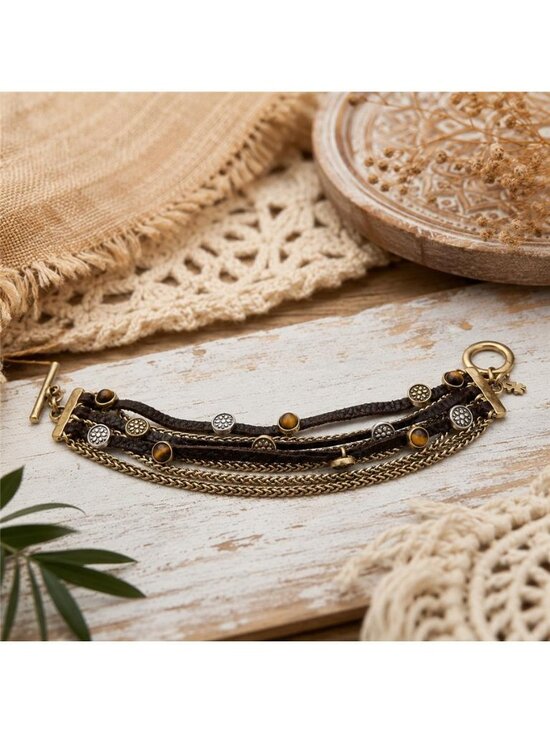 Lucky Brand Jewelry - Lucky Brand Tiger's Eye Charm Gold Tone Multi Chain Leather Bracelet 7"